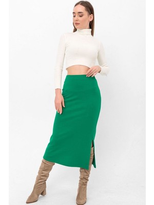 Laranor Yırtmaçlı Midi Triko Etek 38 - Yeşil