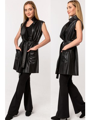 Laranor Şal Yaka Kuşaklı Deri Yelek 46 - Siyah