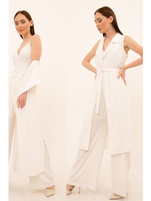 Laranor Ceket Yaka Kuşaklı Yelek 44 - Ecru