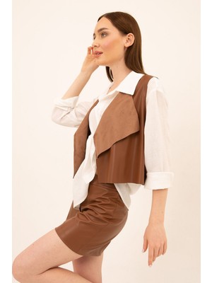 Laranor Şal Yaka Suni Deri Yelek 44 - Kahve