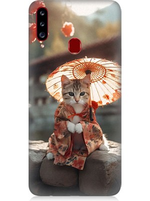 Teknomeg Samsung Galaxy A20S Uyumlu Geyşa Kıyafetli Kedi Desenli Silikon Kılıf
