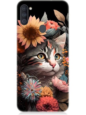 Teknomeg Samsung Galaxy A11 Uyumlu Çiçekler ve Kül Gri Kedi Desenli Silikon Kılıf