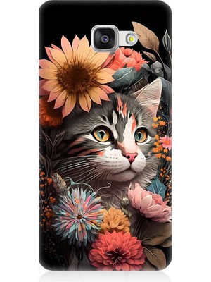 Teknomeg Samsung Galaxy A7 2016 Uyumlu Çiçekler ve Kül Gri Kedi Desenli Silikon Kılıf