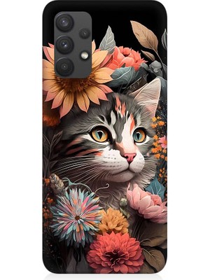 Teknomeg Samsung Galaxy A32 Uyumlu Çiçekler ve Kül Gri Kedi Desenli Silikon Kılıf