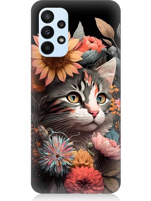 Teknomeg Samsung Galaxy A33 Uyumlu Çiçekler ve Kül Gri Kedi Desenli Silikon Kılıf