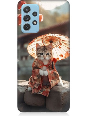 Teknomeg Samsung Galaxy A72 Uyumlu Geyşa Kıyafetli Kedi Desenli Silikon Kılıf