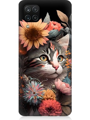 Teknomeg Samsung Galaxy A12 Uyumlu Çiçekler ve Kül Gri Kedi Desenli Silikon Kılıf