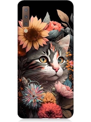 Teknomeg Samsung Galaxy A7 2018 Uyumlu Çiçekler ve Kül Gri Kedi Desenli Silikon Kılıf