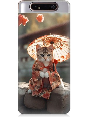 Teknomeg Samsung Galaxy A80 Uyumlu Geyşa Kıyafetli Kedi Desenli Silikon Kılıf