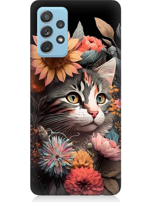 Teknomeg Samsung Galaxy A72 Uyumlu Çiçekler ve Kül Gri Kedi Desenli Silikon Kılıf