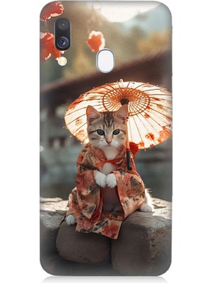 Teknomeg Samsung Galaxy A40 Uyumlu Geyşa Kıyafetli Kedi Desenli Silikon Kılıf