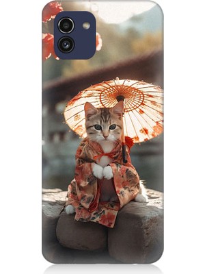 Teknomeg Samsung Galaxy A03 Uyumlu Geyşa Kıyafetli Kedi Desenli Silikon Kılıf