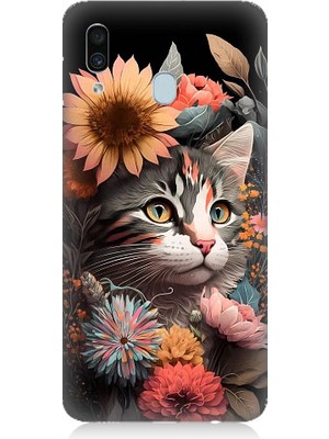 Teknomeg Samsung Galaxy A20 Uyumlu Çiçekler ve Kül Gri Kedi Desenli Silikon Kılıf