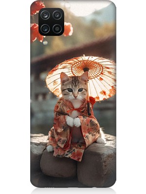 Teknomeg Samsung Galaxy A12 Uyumlu Geyşa Kıyafetli Kedi Desenli Silikon Kılıf