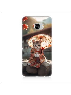 Teknomeg Samsung Galaxy C7 Uyumlu Geyşa Kıyafetli Kedi Desenli Silikon Kılıf