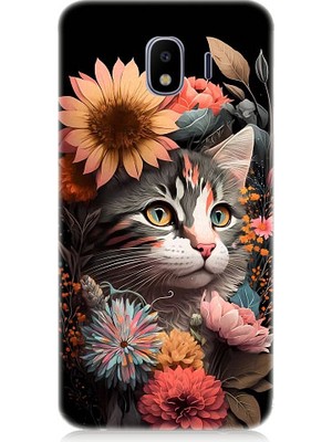 Teknomeg Samsung Galaxy J2 Pro Uyumlu Çiçekler ve Kül Gri Kedi Desenli Silikon Kılıf