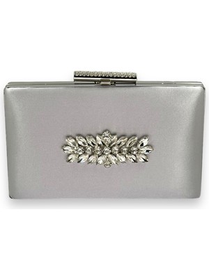 Biçanta Gümüş Gri Lame Renk Saten Metal Taşlı Kasalı Kristal Taşlı Zincirli Bayan Abiye Çanta Gece Çantası Düğün Nişan Kına Gelin Party Çantası Mezuniyet Portföy Clutch