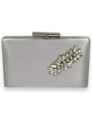 Biçanta Gümüş Gri Lame Renk Saten Metal Taşlı Kasalı Kristal Taşlı Zincirli Bayan Abiye Çanta Gece Çantası Düğün Nişan Kına Gelin Party Çantası Mezuniyet Portföy Clutch