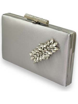 Biçanta Gümüş Gri Lame Renk Saten Metal Taşlı Kasalı Kristal Taşlı Zincirli Bayan Abiye Çanta Gece Çantası Düğün Nişan Kına Gelin Party Çantası Mezuniyet Portföy Clutch