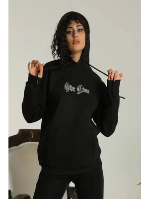 YS Innovation Sırt Baskılı Oversize Üç Iplik Kapüşonlu Sweatshirt - Siyah