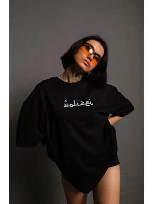 Stil Aura Bisiklet Yakalı Sırt Baskılı Oversize T-Shirt - Siyah