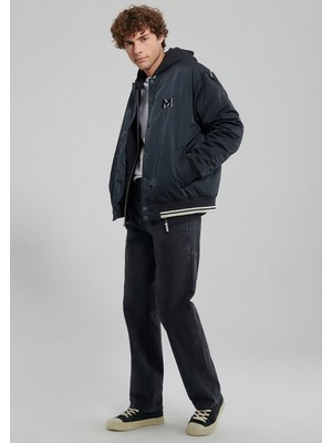 Mavi Siyah Bomber Ceket Erkek XS Normal Kalınlık İki Yan Cep ile Şık Tasarım