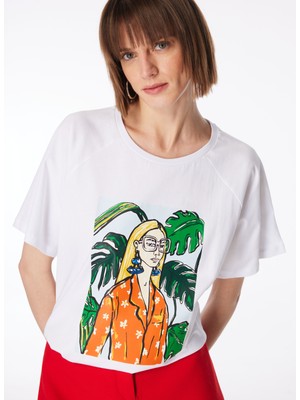 Fabrika Bisiklet Yaka Baskılı Kırık Beyaz Kadın T-Shirt F4SL-TST0109