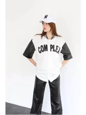 Passense Complex Kolları Deri Kolej Oversize T-Shirt - Beyaz