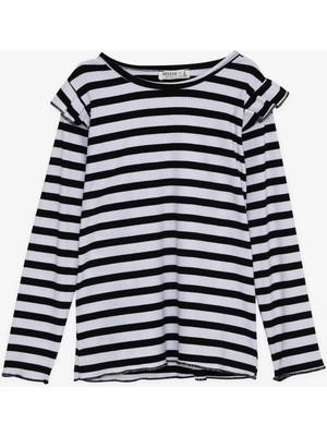 Breeze Kız Çocuk Uzun Kollu Tişört Çizgili Omuzu Fırfırlı 6-12 Yaş, Karışık Renk