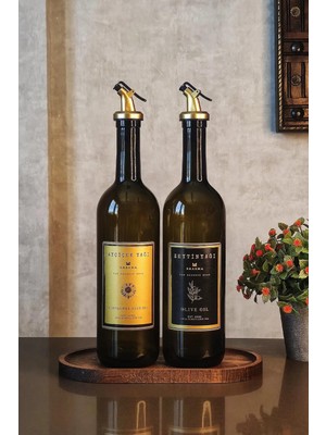 Khakma Ahşap Stantlı Amber Gold 2'li 750 ml Zeytinyağı Sıvıyağ Şişesi