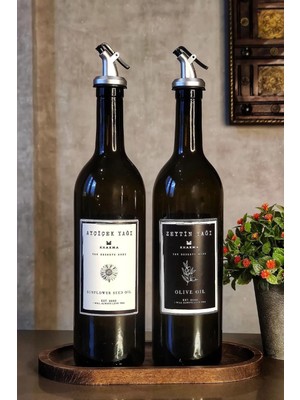 Khakma Ahşap Standlı Amber 2'li 750 ml Zeytinyağı Sıvıyağ Şişesi Yağdanlık Yağlık