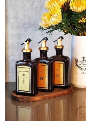 Khakma Ahşap Stantlı Amber Gold Zeytinyağı Nar Ekşisi Sirke Şişesi Yağdanlık 3lü Set 300ML Goldcb3