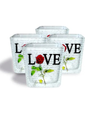 Tink Dekoratif Buzlu Cam Mumluk Love Desen 8x8 cm (4 Adet)