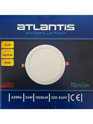 Atlantis 24W Sıva Altı Panel LED Beyaz (18W Uyumlu) Iç Çap 20CM Dış Çap 23CM Soğutuculu 1920 Lümen