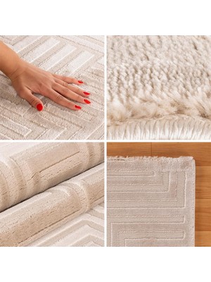 Carpettex Kabartmalı Çizgi Desenli Iskandinav Bohem Tarzı Yumuşak Halı Bej