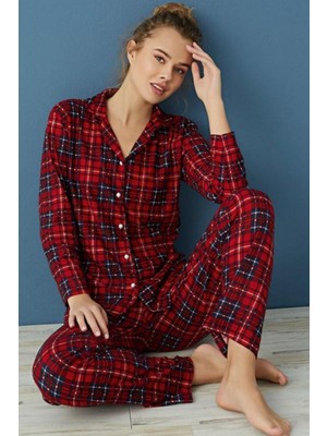 Rye Butik Kırmızı Süet Kadın Düğmeli Pijama Takım