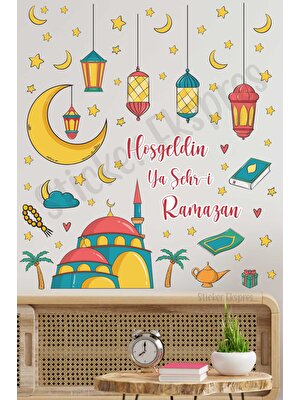 Sticker Ekspres Cami ve Kandiller Hoşgeldin Ramazan Süsü Cam Duvar Kapı Sticker Seti