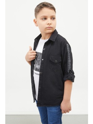 Wikiland Siyah Shark Baskılı T-Shirt ve Jean Gömlekli Erkek Çocuk 2'li Takım 17657 Şık ve Rahat