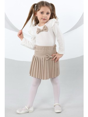 Cansın Mini Krem Piliseli Etekli Uzun Kol Badili Kız Çocuk Elbise Takımı 17740