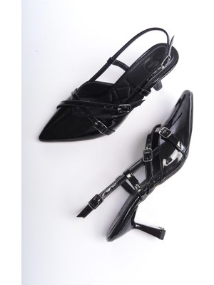 Modabuymus Ikpars Mary Jane Siyah Rugan Çapraz Iki Bantlı Stiletto Topuklu Ayakkabı