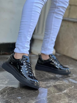 Tarzbu Kb Siyah Parlak Rugan Ayakkabı Yüksek Taban Bağcıklı Günlük Erkek Ayakkabı