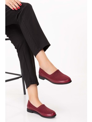 Gondol  Deri Üzeri Strecli Taş Detaylı Günlük Ayakkabı VDT.194 - Bordo - 39