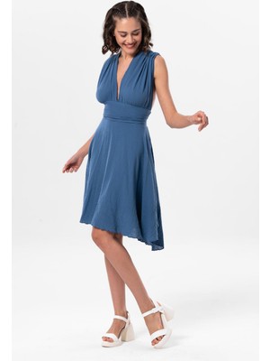 Eliş Şile Bezi Kolsuz Sırt Detaylı V Yaka Laodikya Mini Yazlık Müslin Elbise Indigo Indg