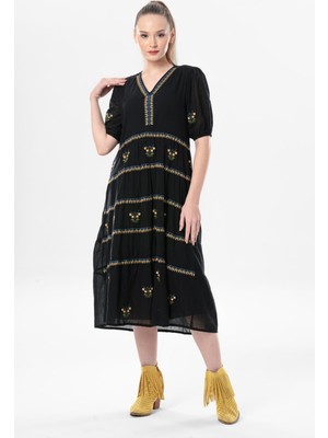 Eliş Şile Bezi Kısa Kol Vual Nakışlı V Yaka Reyhan Uzun Yazlık Otantik Elbise Siyah Syh