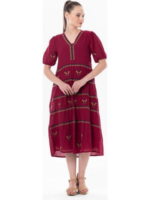 Eliş Şile Bezi Kısa Kol Vual Nakışlı V Yaka Reyhan Uzun Yazlık Otantik Elbise Bordo Brd