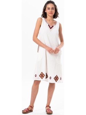 Eliş Şile Bezi Kolsuz Şile Bezi Lilyum Nakışlı Kısa Yazlık Otantik Elbise Krem Krm