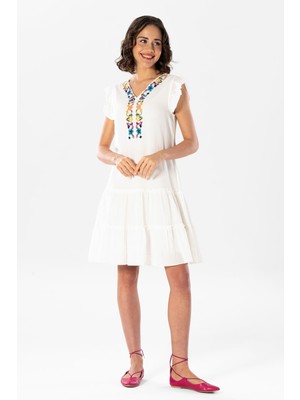 Eliş Şile Bezi Kolsuz Şile Bezi Nakışlı Delfin Kısa Yazlık Otantik Elbise Krem Krm