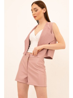 Laranor Şal Yaka Suni Deri Yelek 46 - Pudra