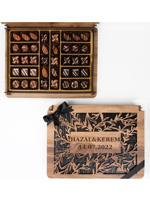 Caron Çikolata Kişiye Özel Ahşap Kutulu ve Kişiye Özel Nişan-Söz Çikolatası 40 Adet