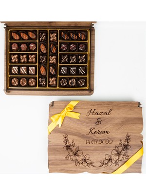 Caron Çikolata Kişiye Özel Ahşap Kutulu ve Kişiye Özel Nişan-Söz Çikolatası 40 Adet